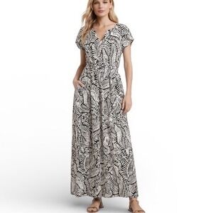 Rachel Zoe Brown Cream Tropical Leaf Print Maxi Dress Smocked Waist Resortwear L